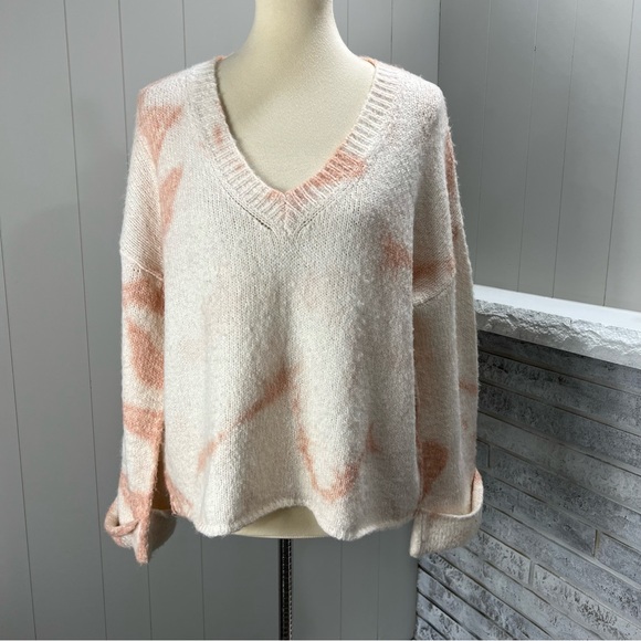 Anthropologie Sweaters - Anthropologie Maggie Tie Dye Cream Pink V-Neck Bell Sleeve Boxy Fit Sweater XS